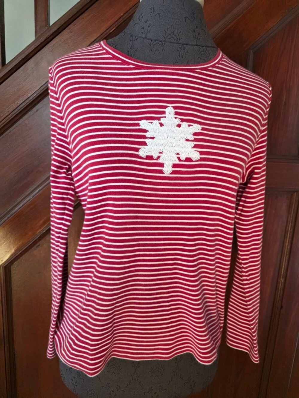 Talbots Red & White Striped Long Sleeve Top With Sequin Snowflake Design